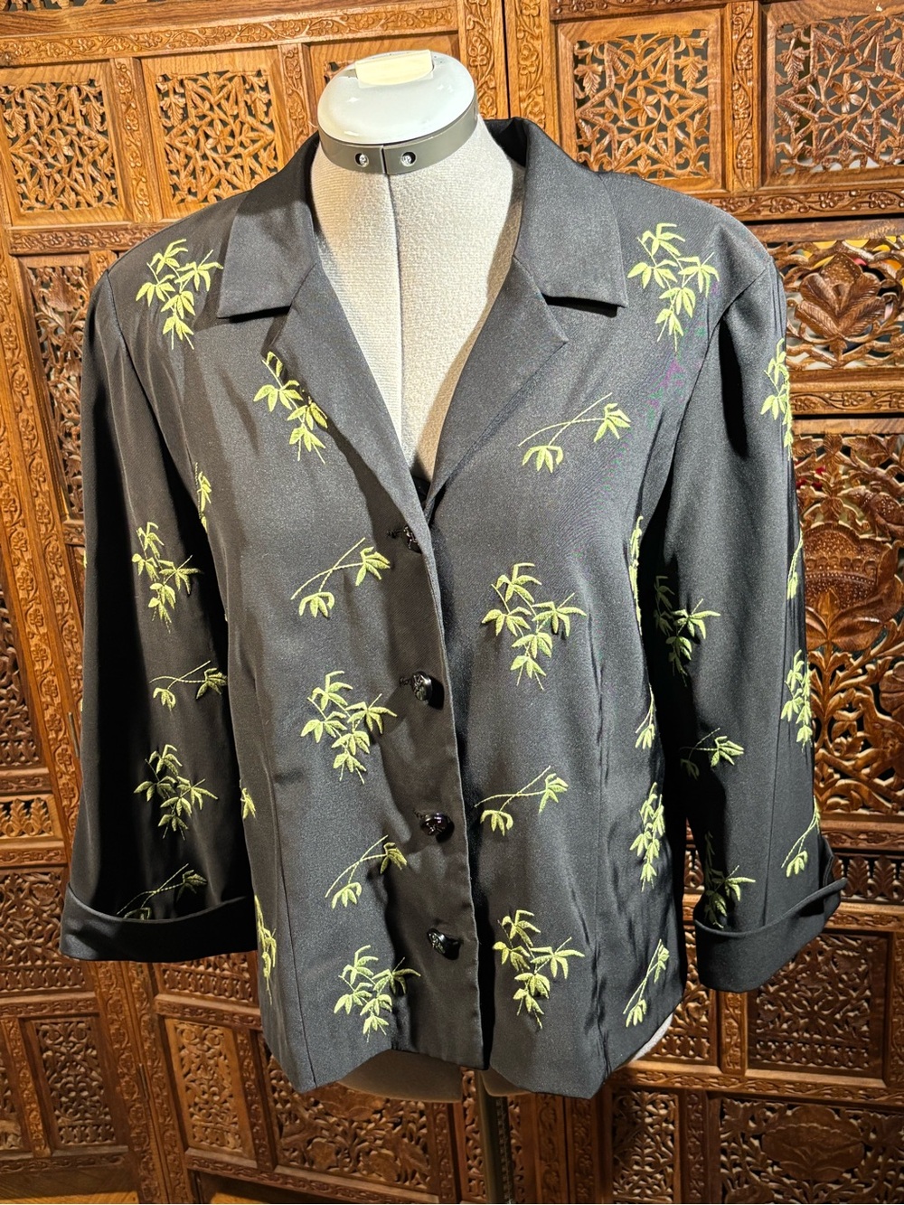 Black Embroidered Bamboo-Print Blazer